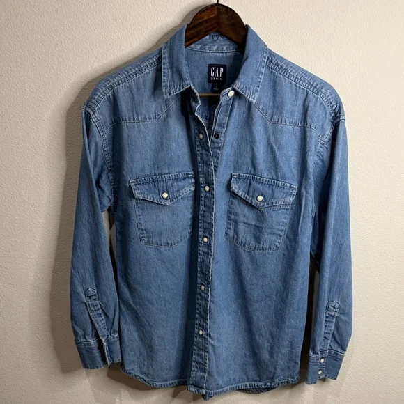 Gap Denim Blue Denim Western Pearl Snap Shirt Size S - Picture 2 of 5